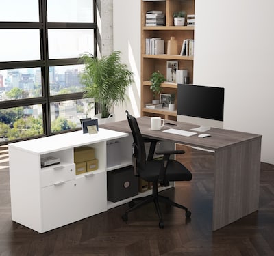 Bestar I3 Plus L-Desk with Two Drawers in Bark Gray & White (160850-4717)