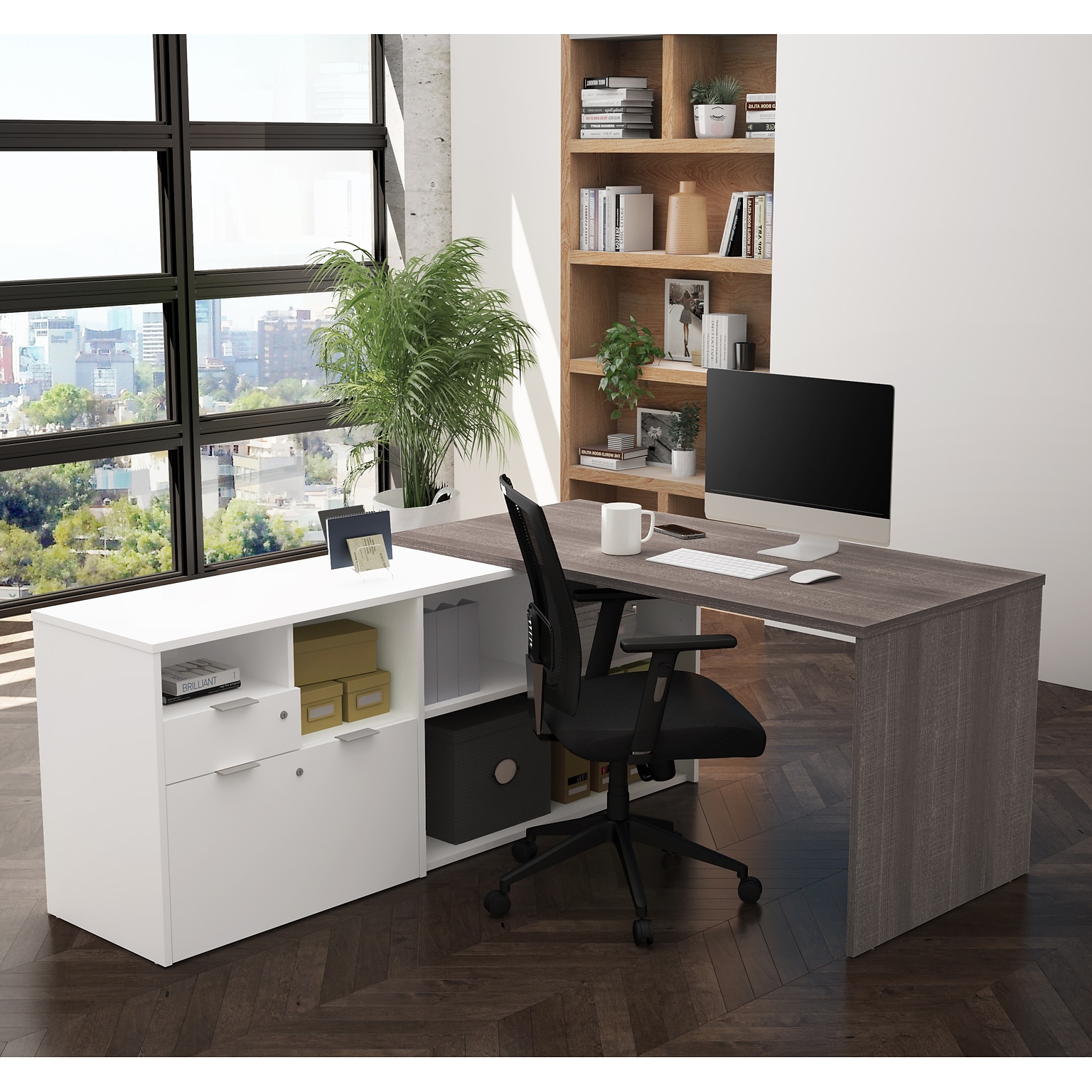 Bestar I3 Plus L-Desk with Two Drawers in Bark Gray & White (160850-4717)