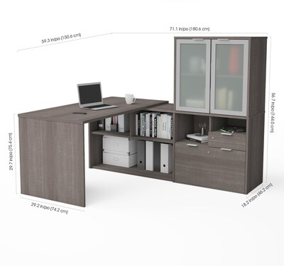 Bestar I3 Plus L-Desk with Frosted Glass Door Hutch in Bark Gray (160851-47)