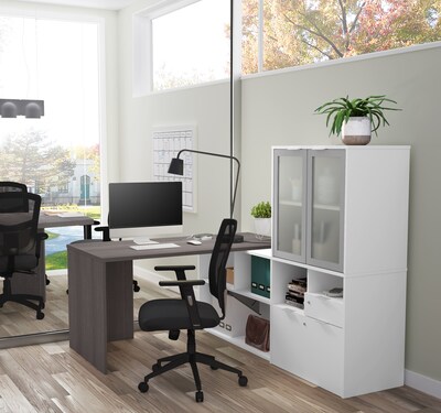 Bestar I3 Plus L-Desk with Frosted Glass Door Hutch in Bark Gray & White (160851-4717)