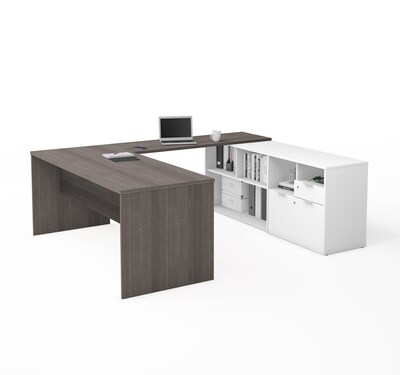 Bestar I3 Plus U-Desk with Two Drawers in Bark Gray & White (160860-4717)