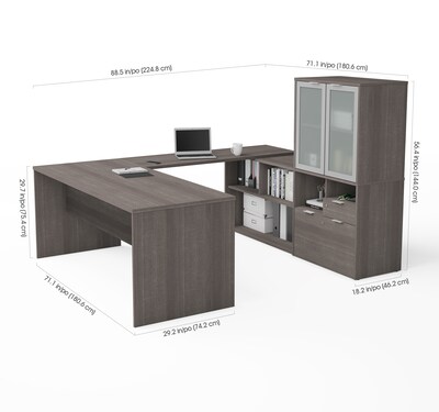 Bestar I3 Plus U-Desk with Frosted Glass Door Hutch in Bark Gray (160861-47)