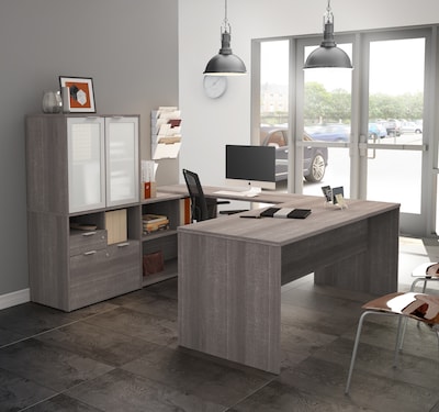 Bestar I3 Plus U-Desk with Frosted Glass Door Hutch in Bark Gray (160861-47)