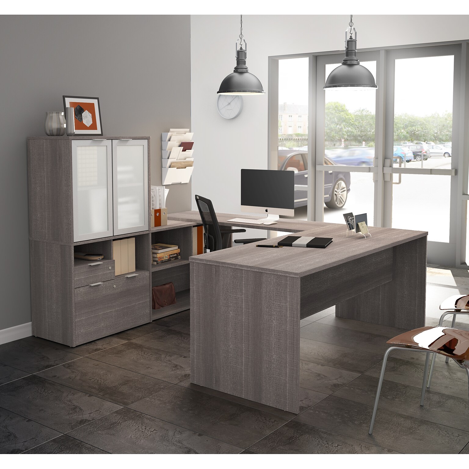 Bestar I3 Plus U-Desk with Frosted Glass Door Hutch in Bark Gray (160861-47)