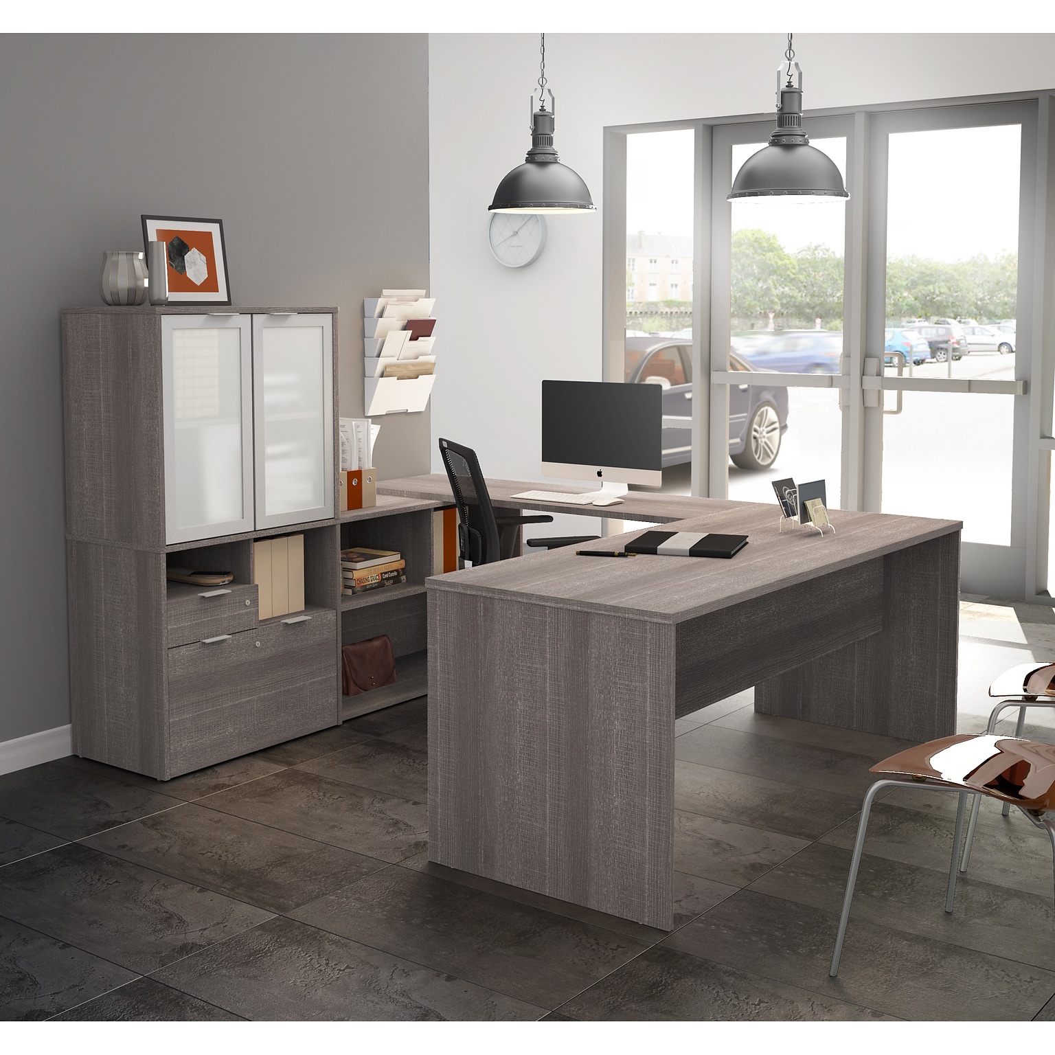 Bestar I3 Plus U-Desk with Frosted Glass Door Hutch in Bark Gray (160861-47)