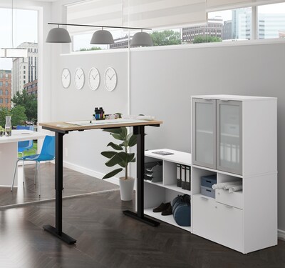 Bestar I3 Plus Height Adjustable L-Desk with Frosted Glass Door Hutch in Northern Maple & White (160886-3817)