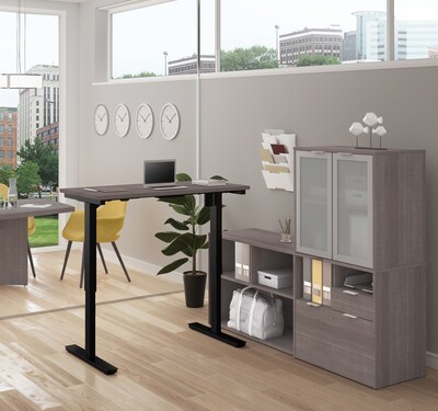 Bestar I3 Plus Height Adjustable L-Desk with Frosted Glass Door Hutch in Bark Gray (160886-47)