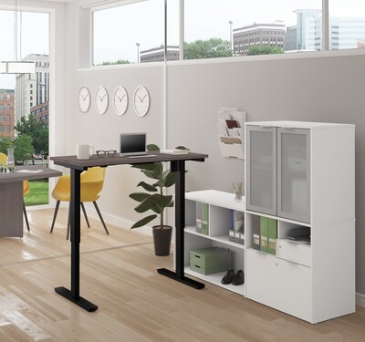 Bestar I3 Plus Height Adjustable L-Desk with Frosted Glass Door Hutch in Bark Gray & White (160886-4717)