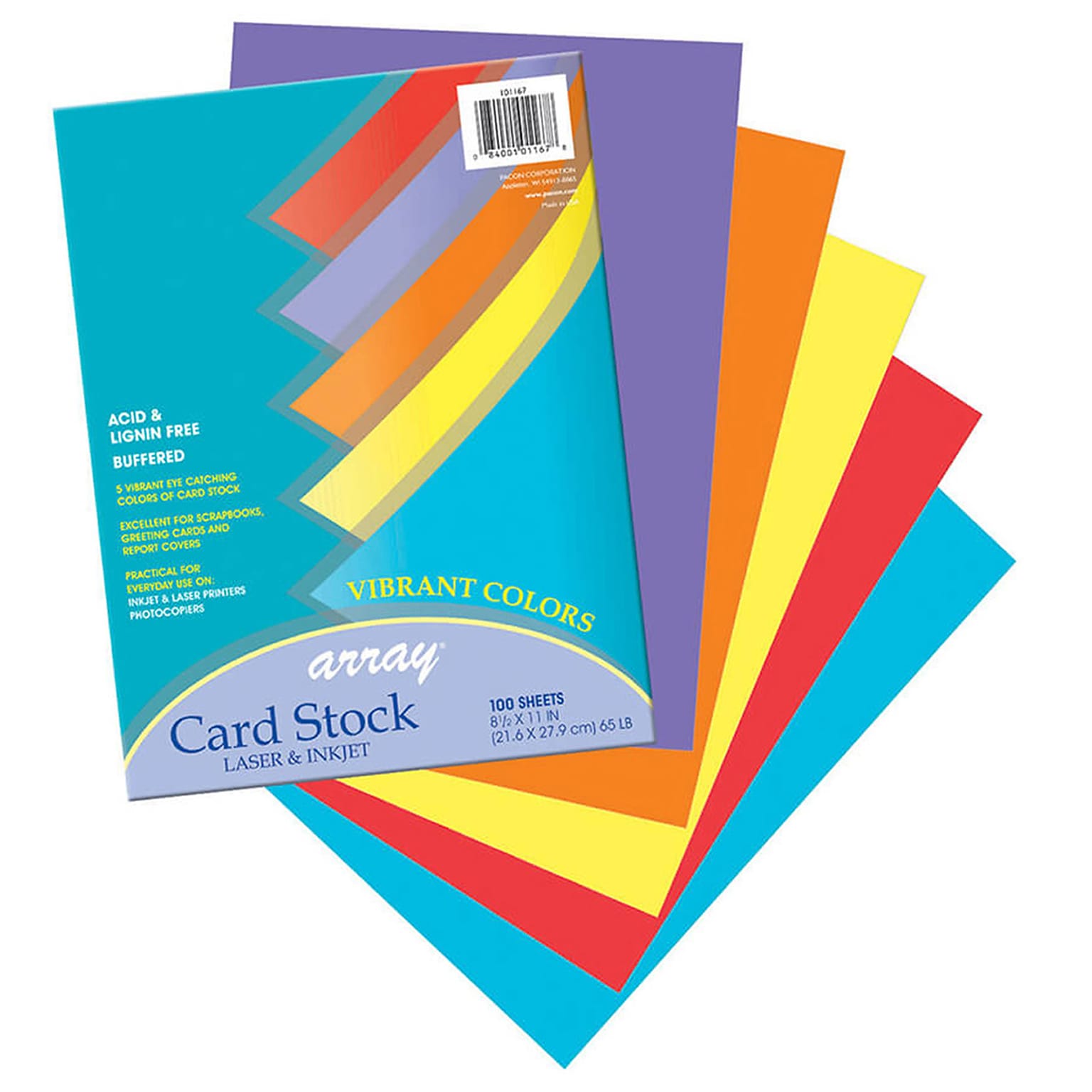 Pacon Array 65 lb. Cardstock Paper, 8.5 x 11, Assorted Colors, 100 Sheets/Pack, 2 Packs/Bundle (PAC101167)