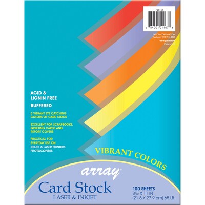 Pacon Array 65 lb. Cardstock Paper, 8.5 x 11, Assorted Colors, 100 Sheets/Pack, 2 Packs/Bundle (PA