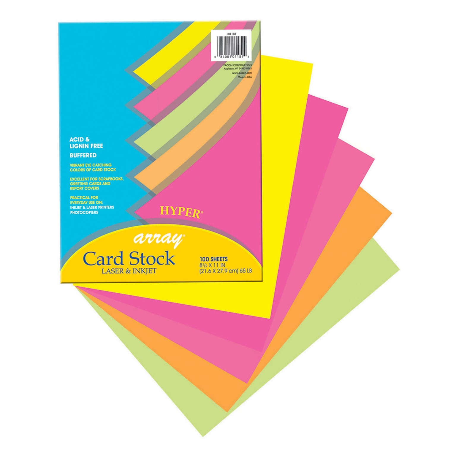 Pacon Array 65 lb. Cardstock Paper, 8.5 x 11, Assorted Hyper Colors, 100 Sheets/Pack, 2 Packs/Bundle (PAC101181)