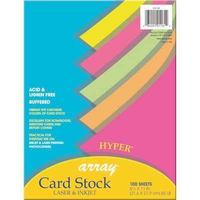 Pacon Array 65 lb. Cardstock Paper, 8.5" x 11", Assorted Hyper Colors, 100 Sheets/Pack, 2 Packs/Bundle (PAC101181)