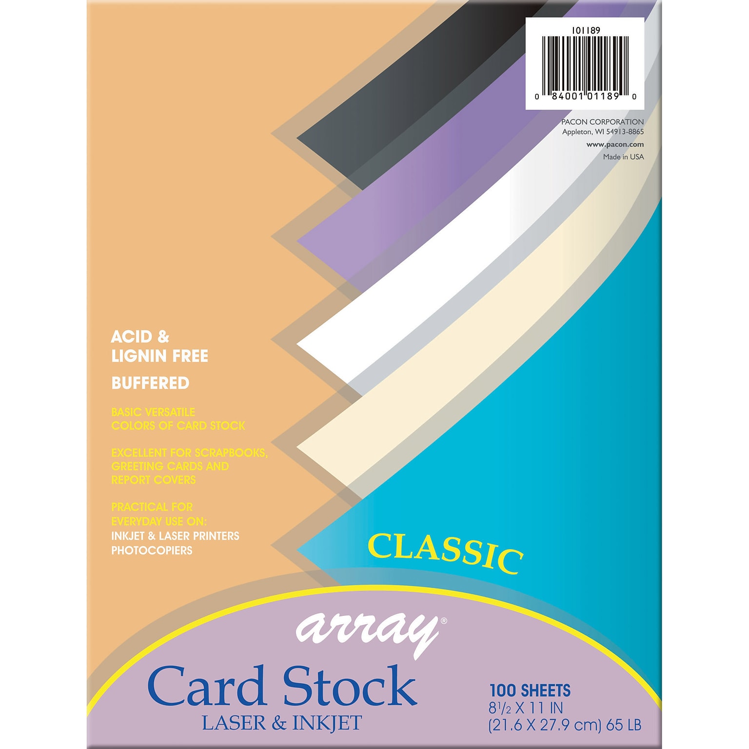 Pacon Array® Card Stock, 65 lbs, 8-1/2x11, Classic Colors, Assorted, 100 Sheets/Pack, 2 pks/Bundle (PAC101189)