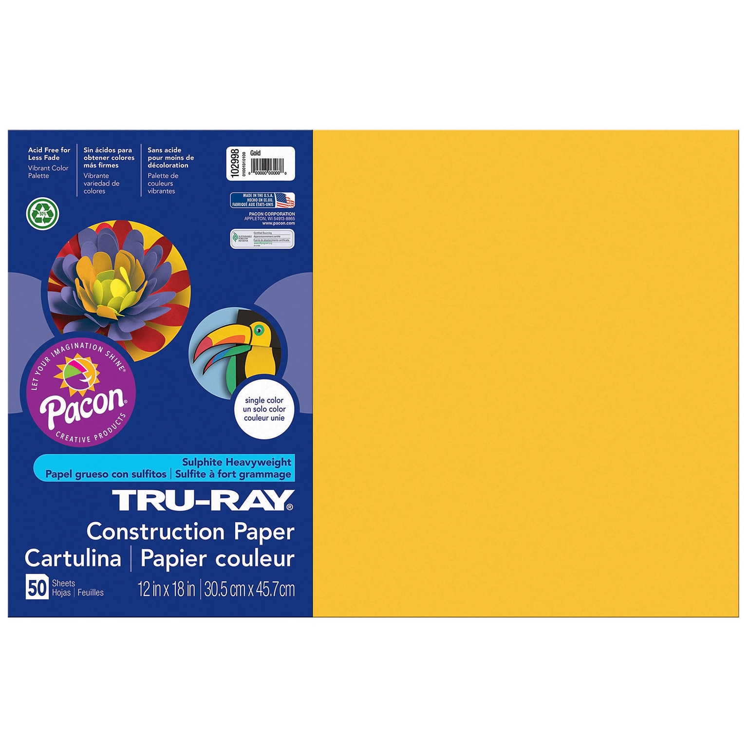 Pacon Tru-Ray 12 x 18 Construction Paper, Gold, 50 Sheets/Pack, 3/Pack (PAC102998)