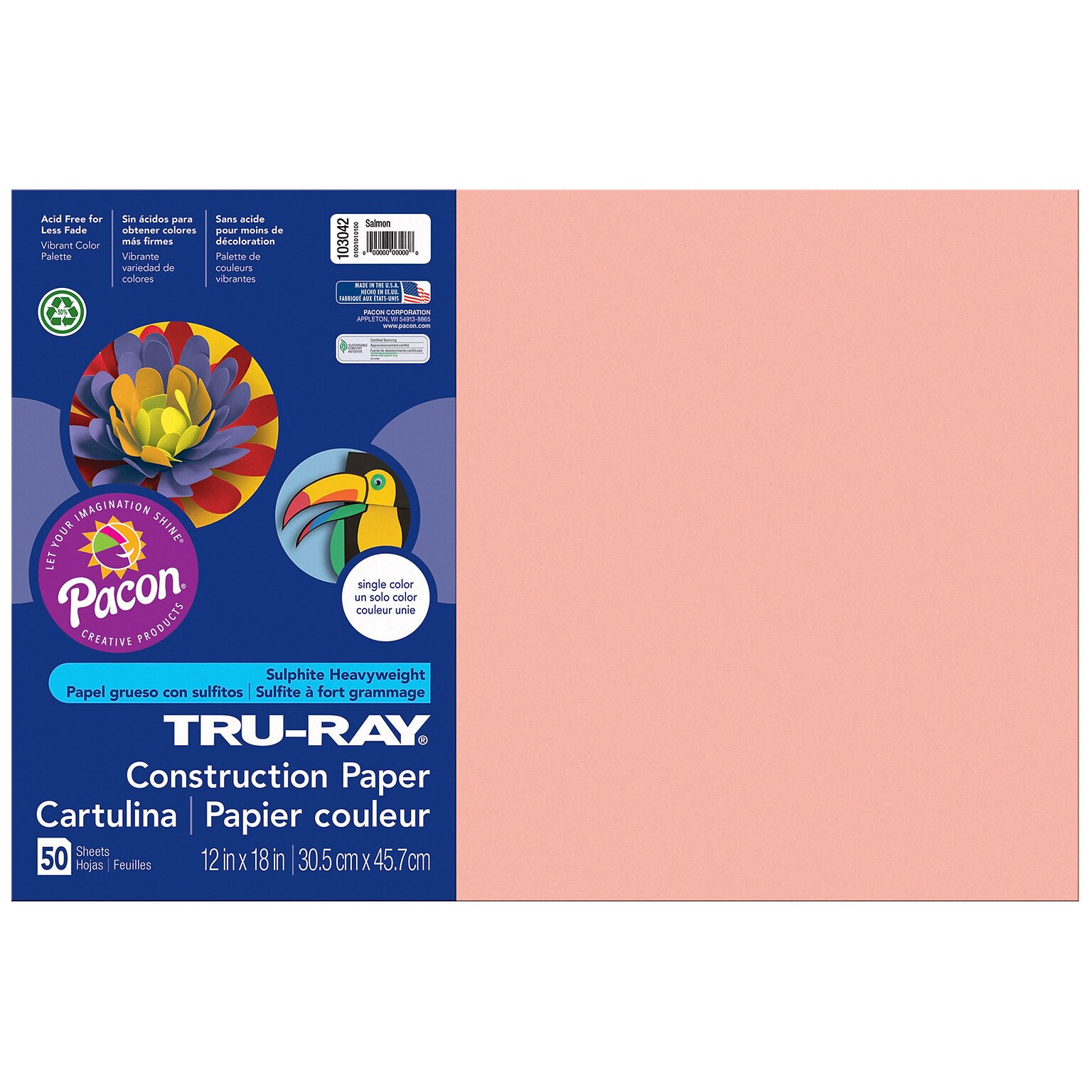 Pacon Tru-Ray Construction Paper 12 x 18, Salmon, 50 Sheets/Pk (PAC103042)