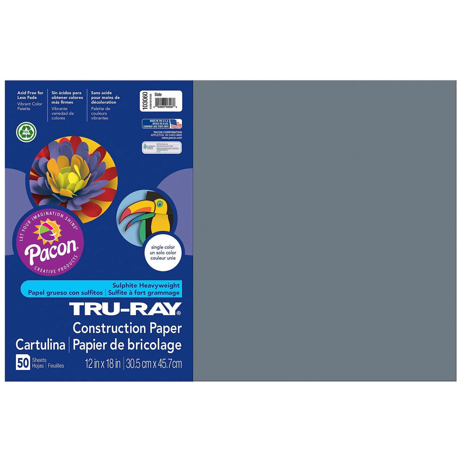Pacon Tru-Ray 12 x 18 Construction Paper, Slate, 50 Sheets/Pack (PAC103060)