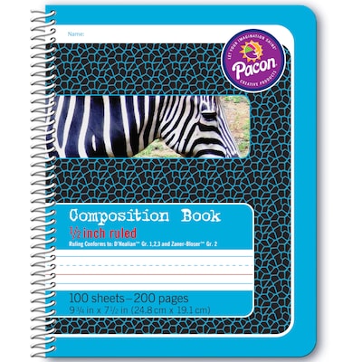 Pacon Composition Notebook, 7.5 x 9.75, Manuscript Ruled, 100 Sheets, Blue Zebra, Each (PAC2429)