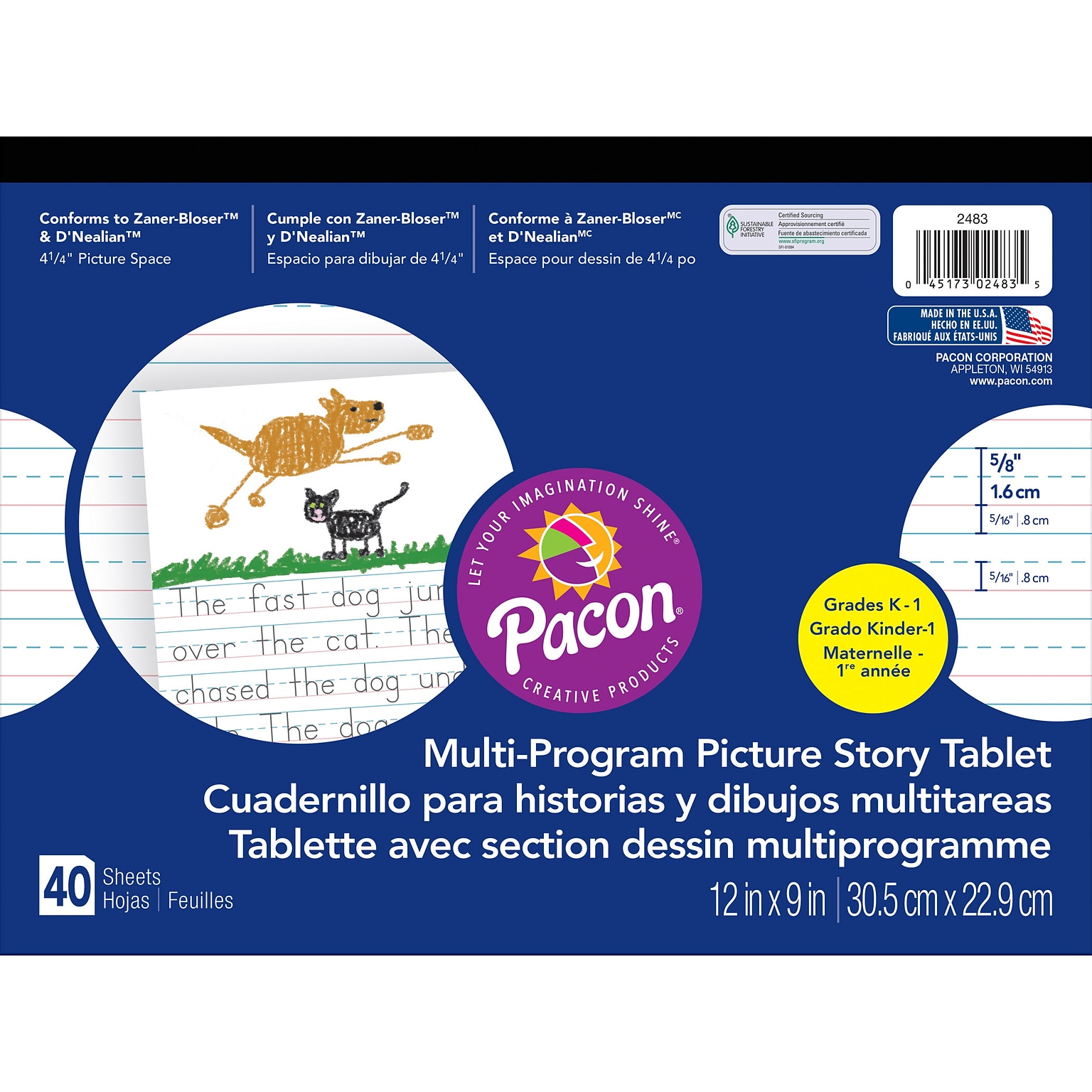 Pacon® Zaner-Bloser™ DNealian™ Multi-Program Picture Story Tablet Paper, Grades Kindergarten - 1st, 2/Bd