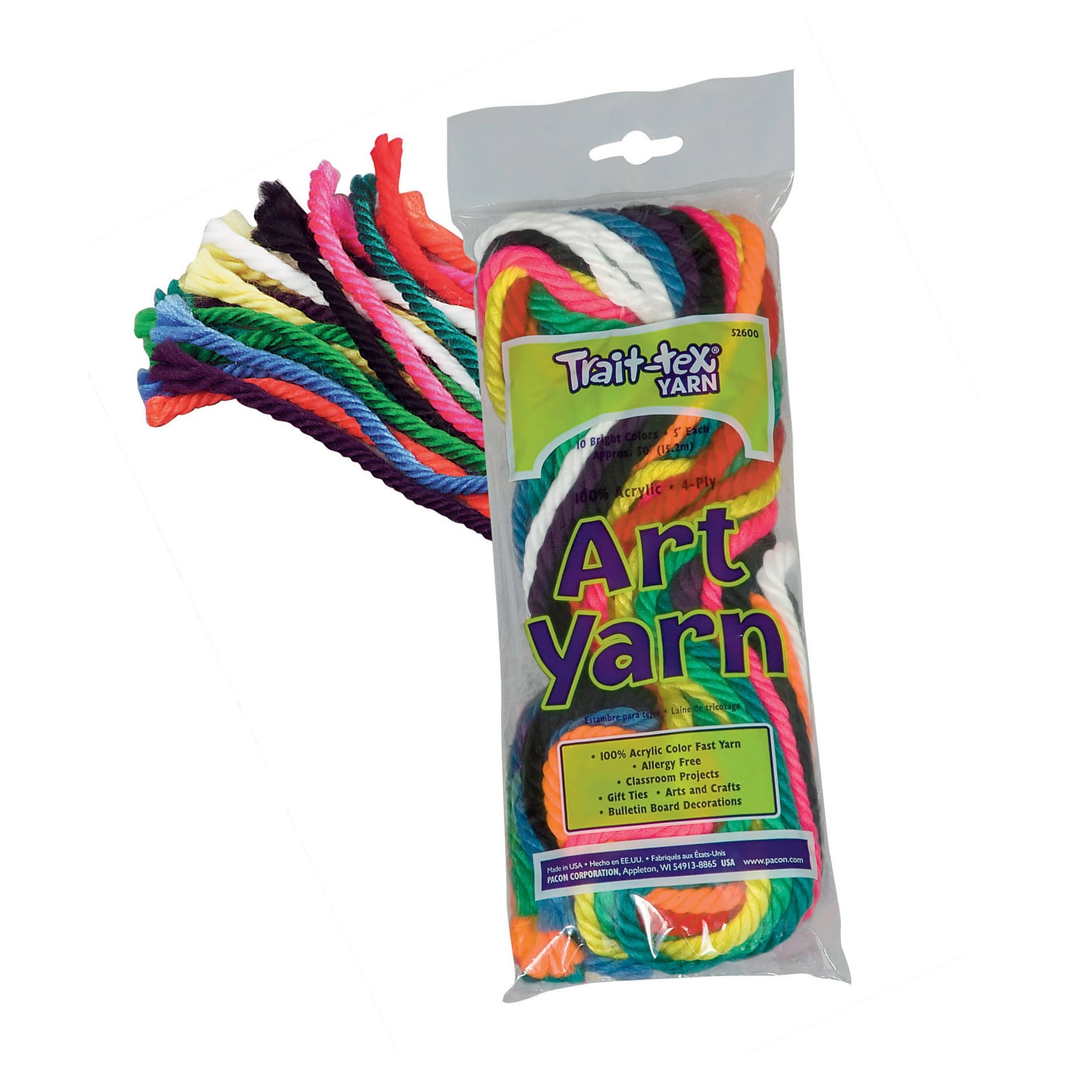Trait-tex® Art Yarn, Bright Colors Assortment, 10/Pack (PAC52600)