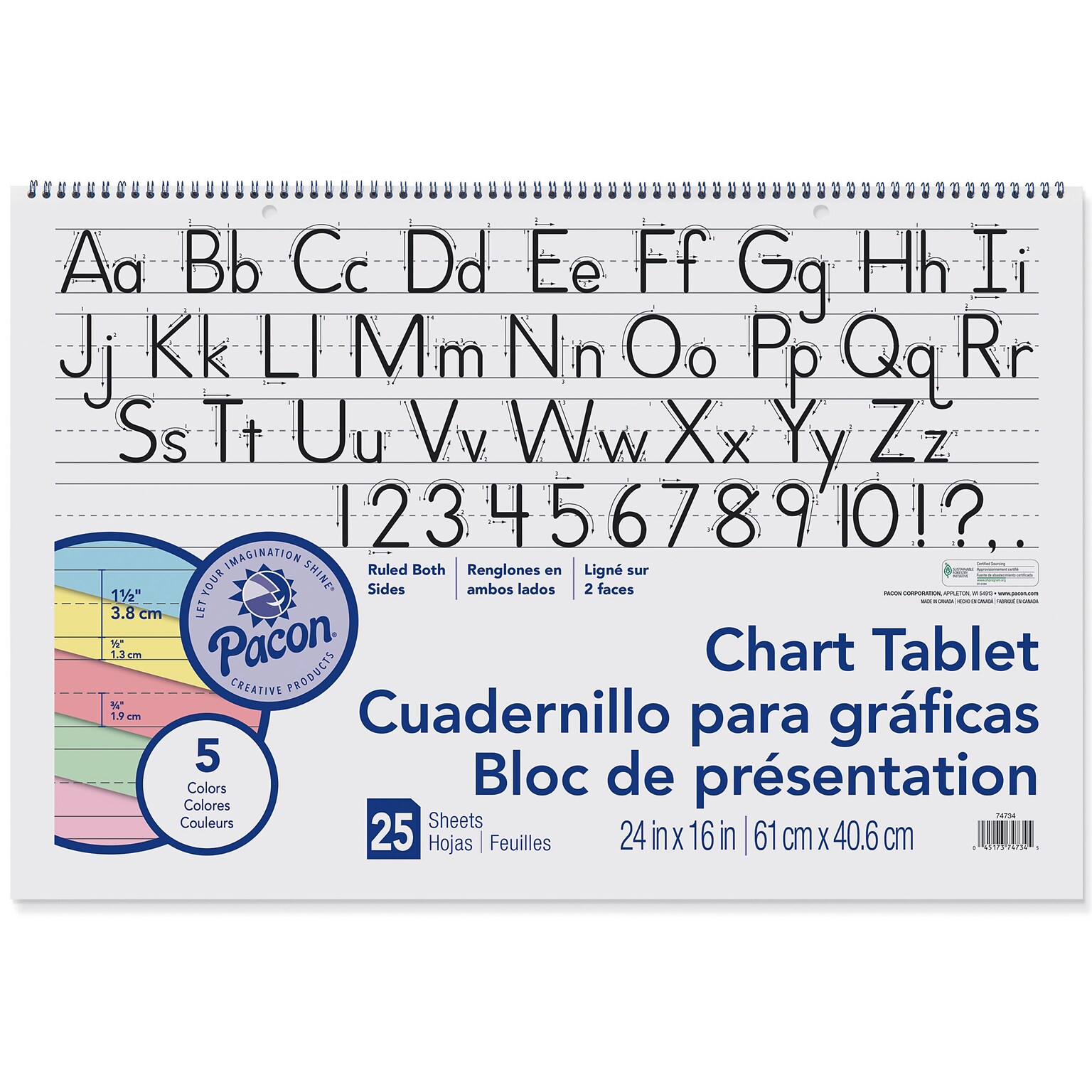 Pacon Colored Chart Tablets, Ruled, Spiralbound, 24x16, Assorted Colors, 25 Sheets/Pack, 2 Packs/Bundle