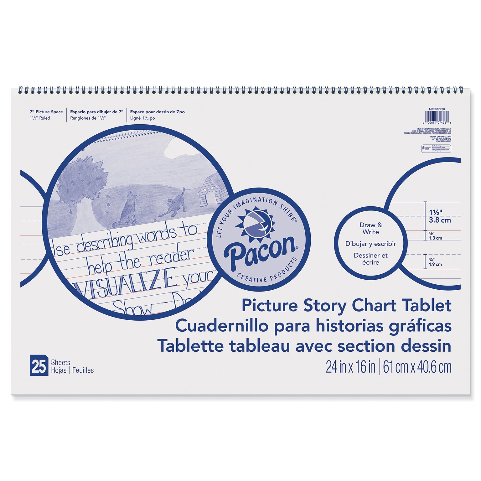 Roselle Chart Tablet, 24 x 16, 1 1/2 Ruled with 7 Picture Story Space, Multicolor, 25 Sheets/Pack (07426)