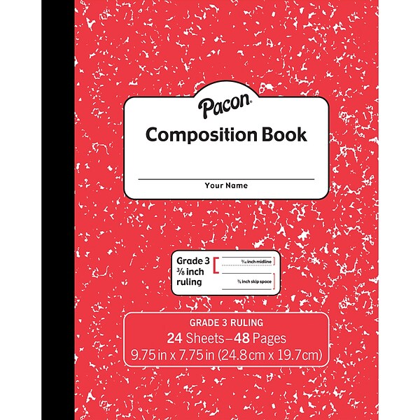 Pacon 1-Subject Composition Notebooks, 9.75 x 7.5, Manuscript Ruled, 24 Sheets, Red Marble, Each (PACMMK37139)