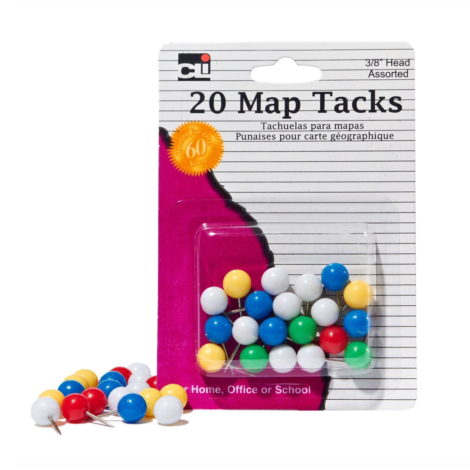 Charles Leonard Map Tacks, 20/Pack, 2 Packs/Bundle (CHL21238)