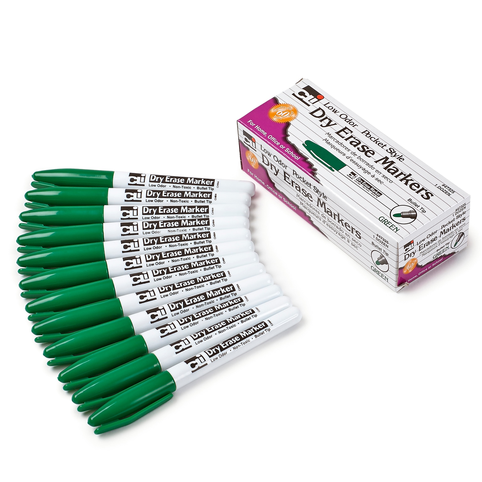 Charles Leonard Pocket Style Slim Dry Erase Markers, Bullet Tip, Green, 12/Pack (CHL47325)