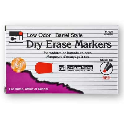 Charles Leonard Barrel Style Normal Dry Erase Markers, Chisel Tip, Red, 12/Pack (CHL47930)