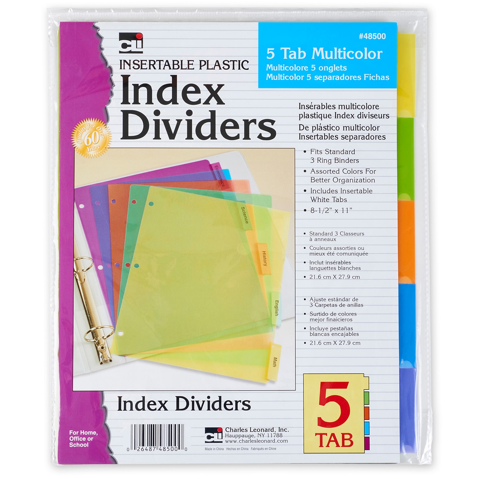 Charles Leonard Dividers Plastic, Multicolor, 8 1/2 x 11, 12 Count of 5 Dividers Per Order (CHL48500ST)