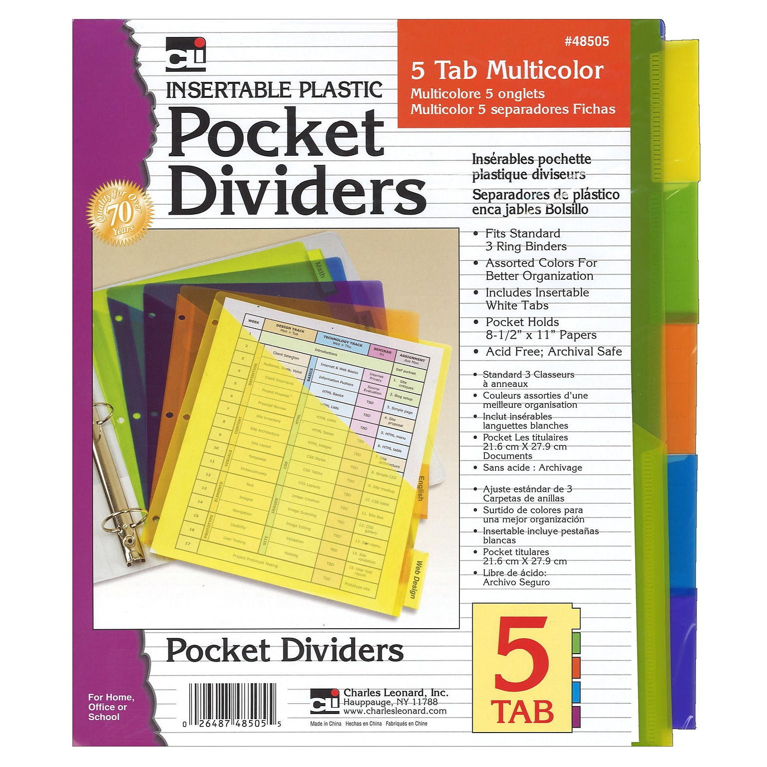Charles Leonard Dividers Plastic, Multicolor, 8 1/2 x 11 One Pocket, 6 Count of  5 Dividers Per Order (CHL48505ST)