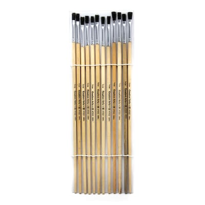 Charles Leonard Flat Easel Paint Brushes With 1/4" Wide Natural Handle, Black Bristle, 12/Pack