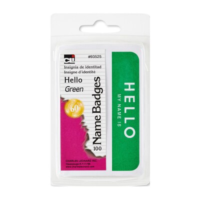 Name Badges Hello Grn Charles Leonard Self Adhesive, 3-3/8 x 2-1/4 Bundle of 12, 100/pk total 1200