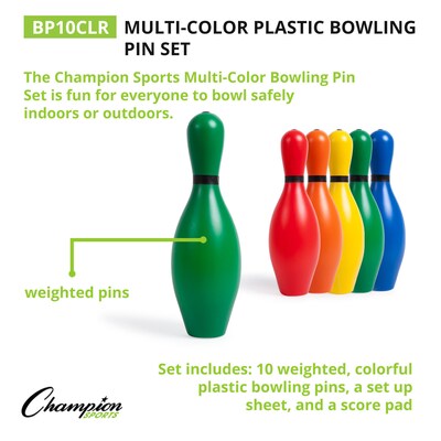 Champion Sports Plastic Bowling Pin Set. Assorted Colors, Set of 10, (CHSBP10CLR)