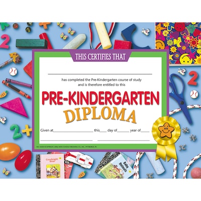 Hayes Pre-kindergarten Diploma Certificate, Assorted Border, 8-1/2(L) x 11(W) (H-VA500)