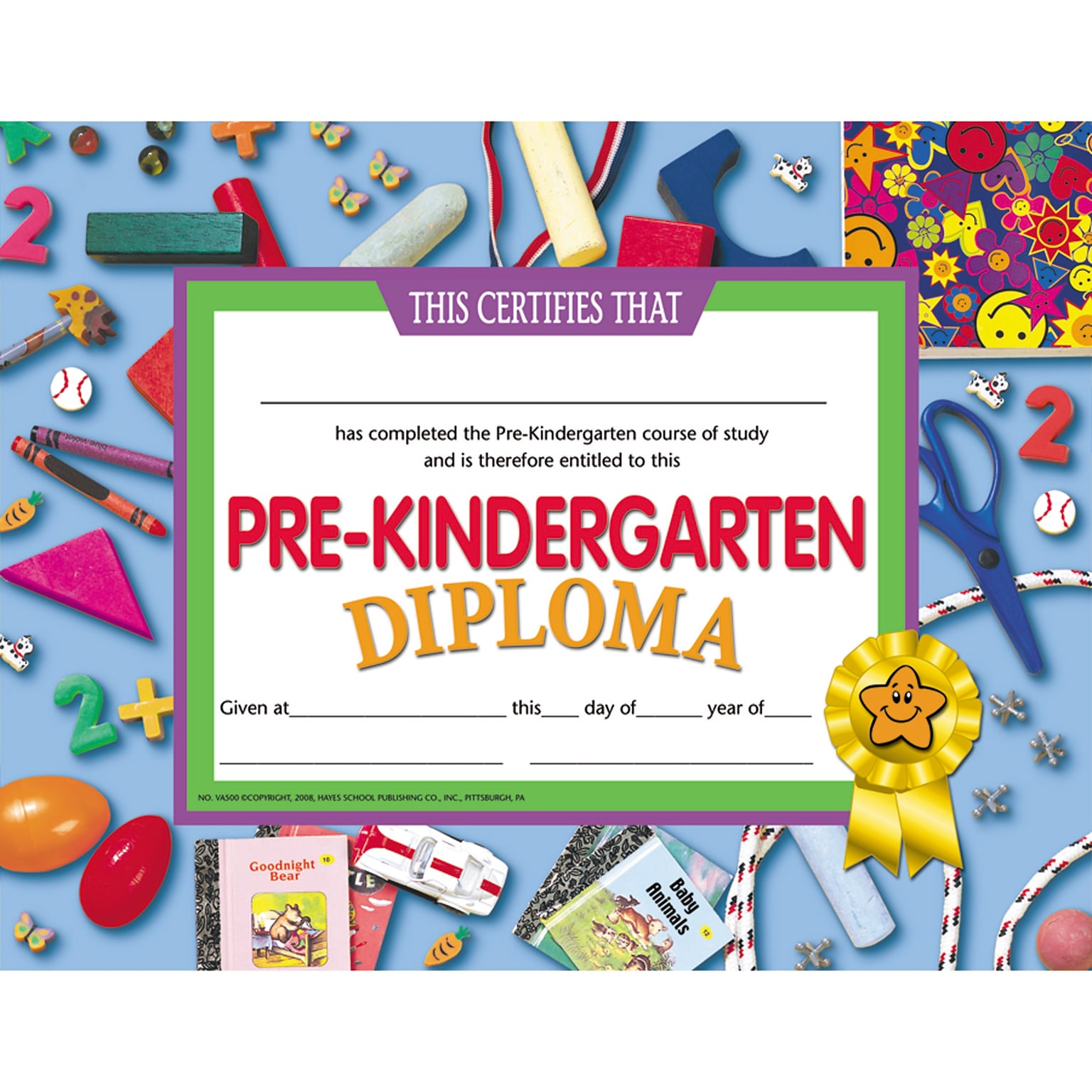 Hayes Pre-kindergarten Diploma Certificate, Assorted Border, 8-1/2(L) x 11(W) (H-VA500)