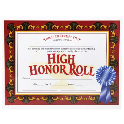 Hayes High Honor Roll Certificate, 8.5" x 11", Pack of 30 (H-VA586)