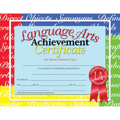 Hayes Language Arts Achievement Certificate, 8.5 x 11, Pack of 30 (H-VA685)