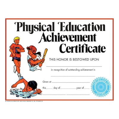 Hayes Physical Education Achievement Certificate, 8.5 x 11, Pack of 30 (H-VA195CL)