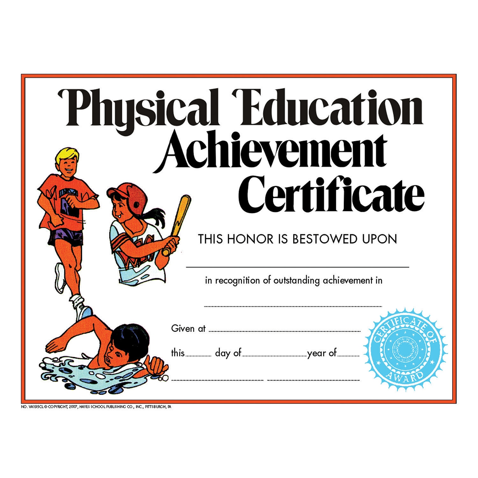 Hayes Physical Education Achievement Certificate, 8.5 x 11, Pack of 30 (H-VA195CL)