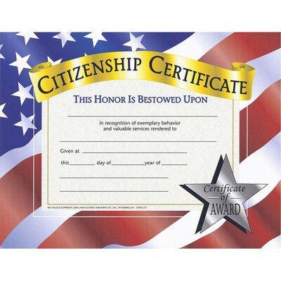 Hayes Citizenship Certificate, 8.5 x 11, Pack of 30 (H-VA525)