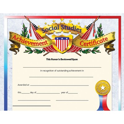 Hayes Social Studies Achievement Certificate, 8.5 x 11, Pack of 30 (H-VA675)