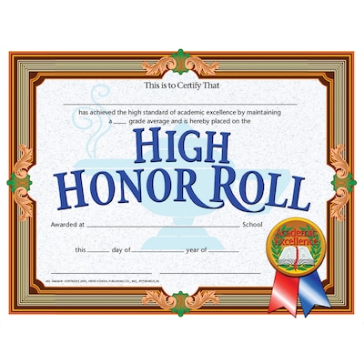 Hayes High Honor Roll Certificate, 8.5" x 11", Pack of 30 (H-VA686)