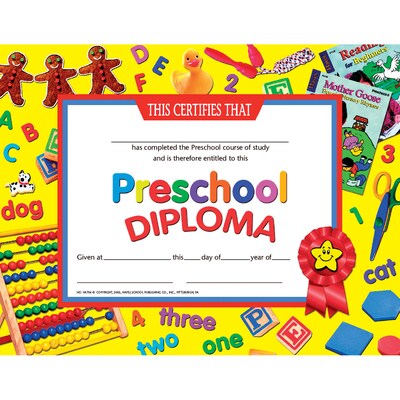 Hayes® Yellow Border Pre School Diploma Certificate, 8 1/2(L) x 11(W), 2/Bd