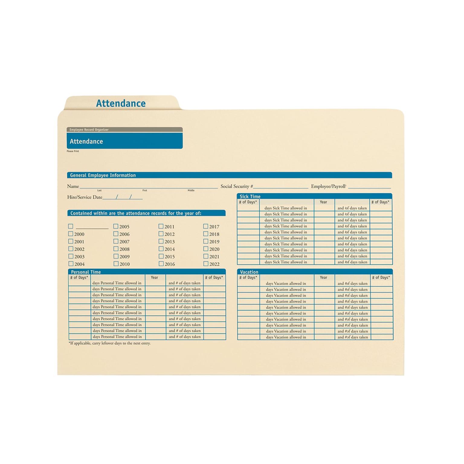 ComplyRight Employee Attendance Records Organizer, Pack of 25 (A0308)