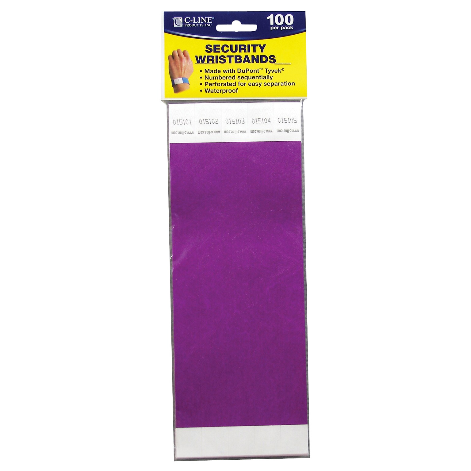 C-Line® CLI89109 Security Wristbands, Purple, Pack of 100