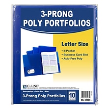 C-Line, Blue Two Pocket Poly Portfolios With 3 Prongs Pack of 10, 8.5 x 11 paper size (CLI32965)