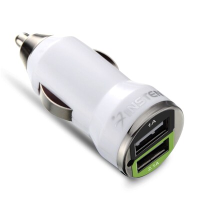 Insten Dual USB Mini Car Charger Adapter, White (DOTHUSBXCC16)