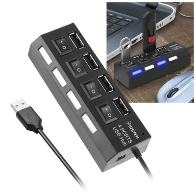 Insten 4-Port USB 2.0 Hub with Individual On Off Power Switches and LEDs Multiple Usb Hub Adapter