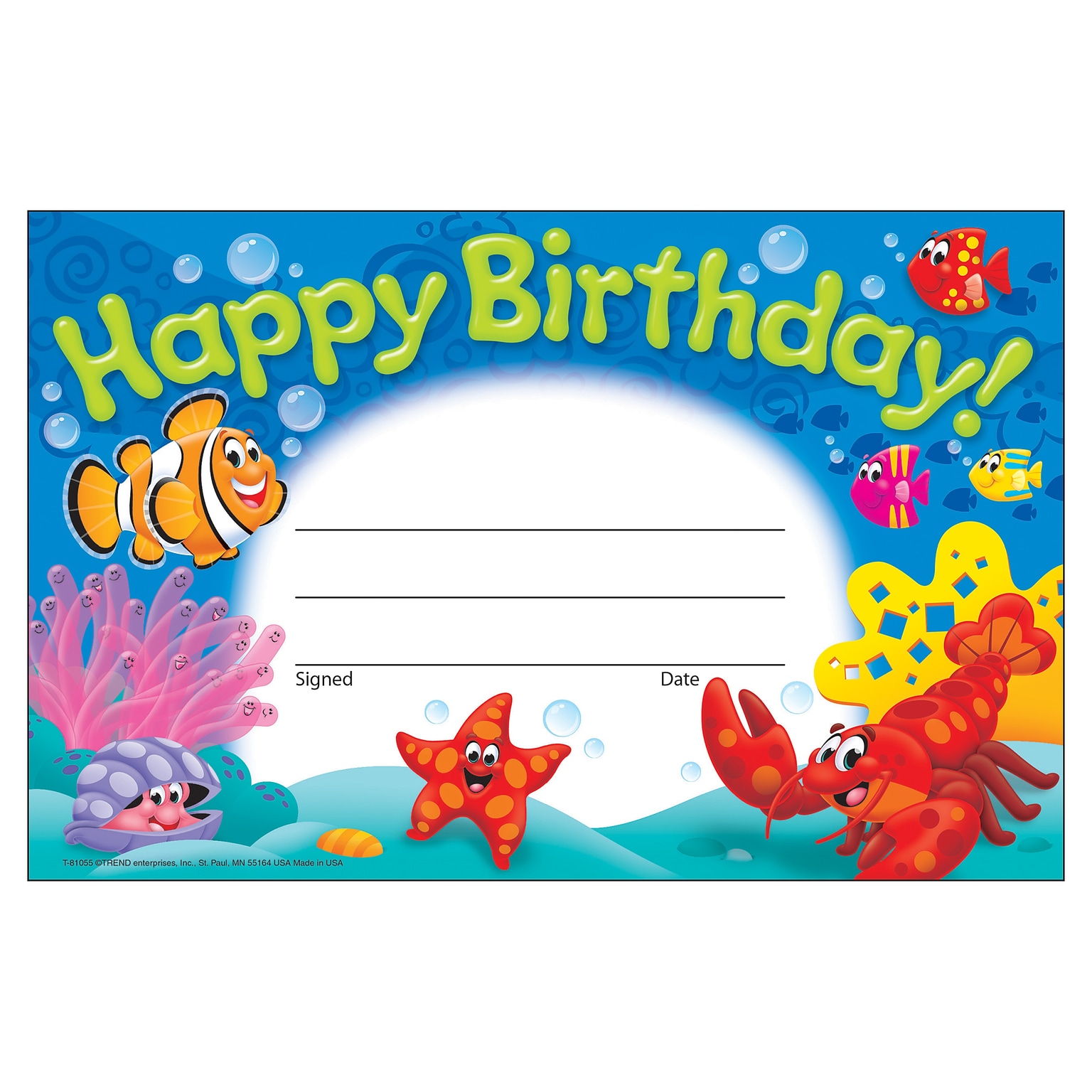 Trend Enterprises® Happy Birthday! Sea Buddies™ Recognition Award, 30/Pack